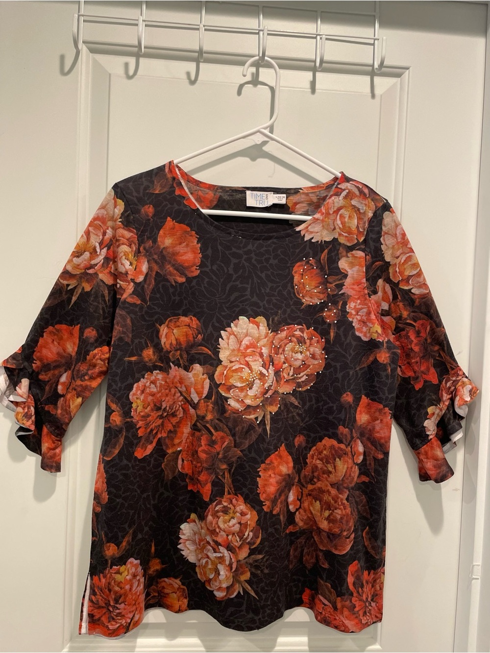 Time and Tru Black Top with Orange Floral Print